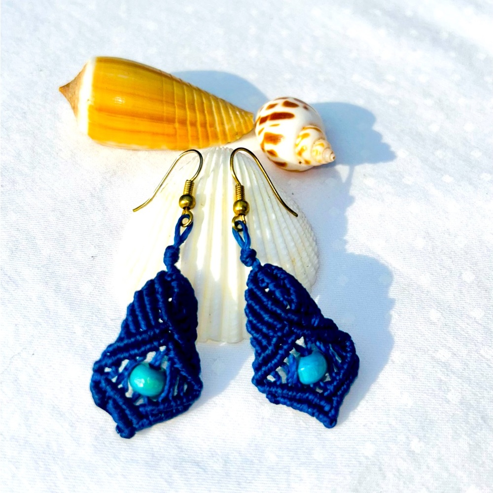 Macrame Earrings Wood Bead Blue Hand Made